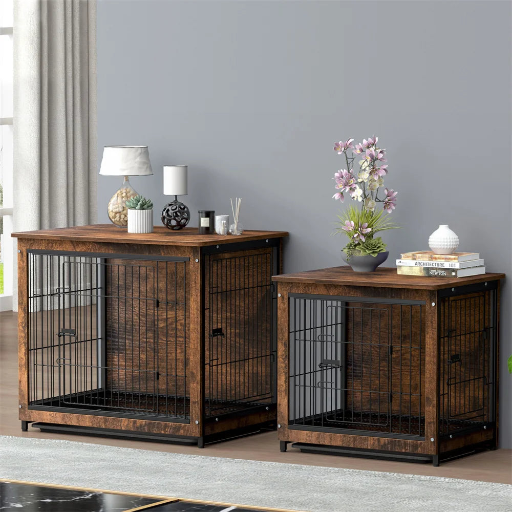 Large Elevated Dog Crate Wooden Dog Kennel Cage Pet House End Table with Double Door and Removable Tray Rustic Furniture Indoor