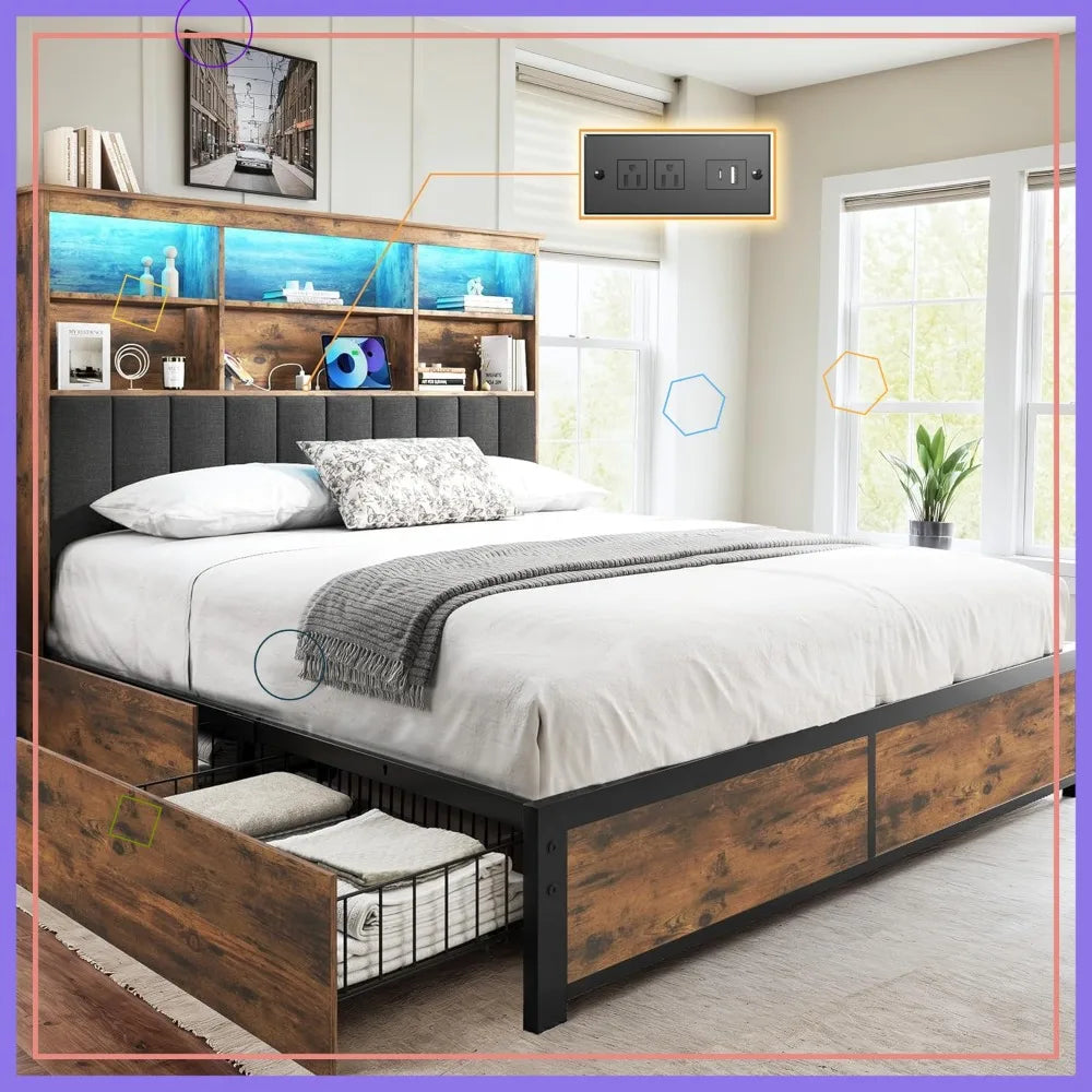 Queen Bed Frame with Headboard, High Storage Bookcase, 4 Drawers, LED Lights & Charging Station, Noise-Free Metal Support