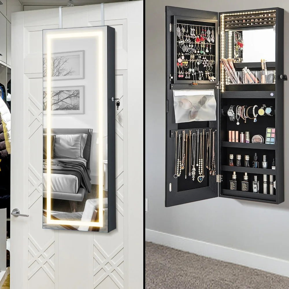 LED Mirror Jewelry Cabinet Wall/Door Mounted Organizer Armoire Black