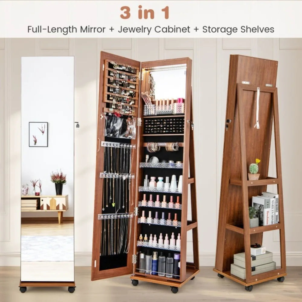 64"Jewelry Cabinet Lockable Armoire Storage Organizer w/ Built-in Makeup Mirror