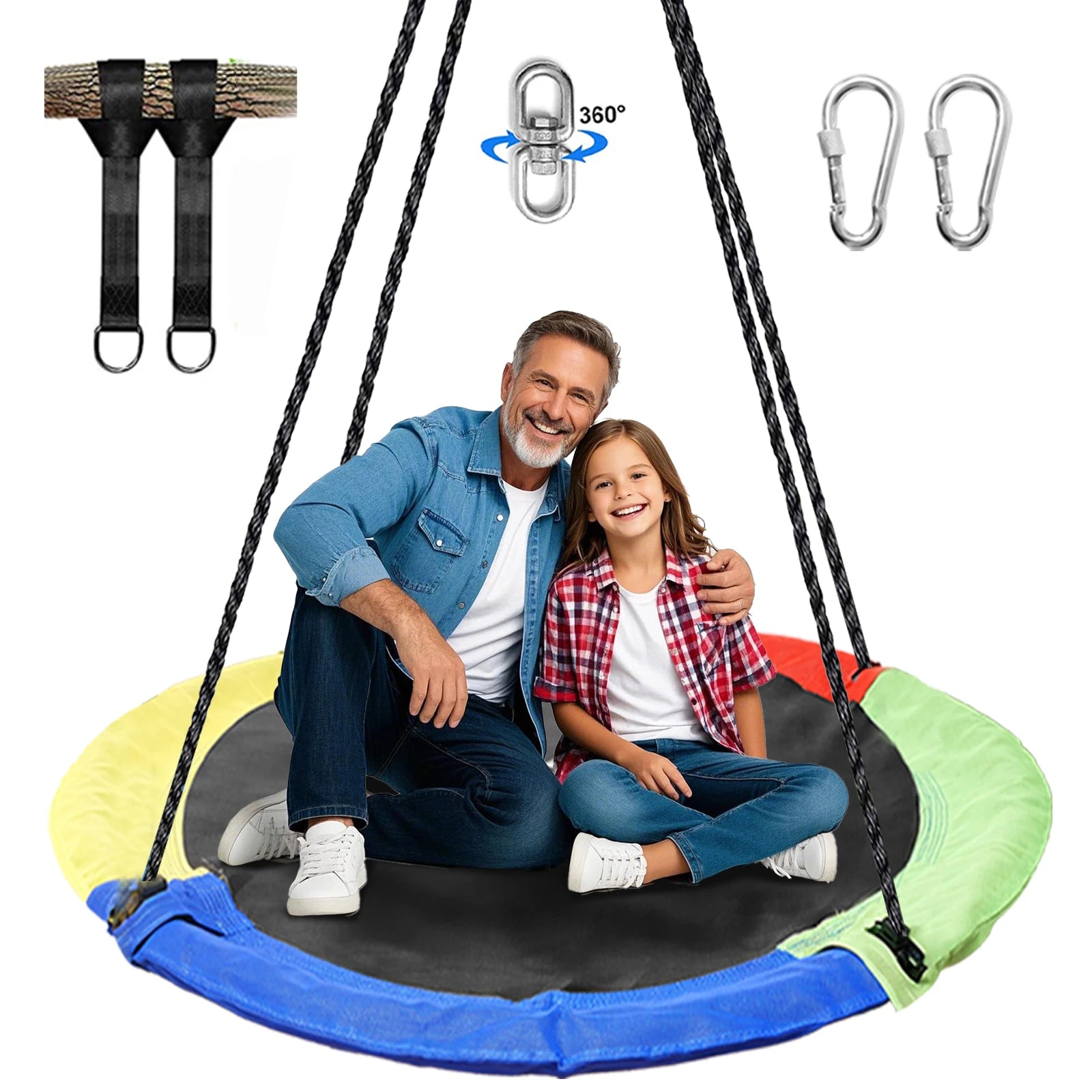 Hishine 43" Saucer Tree Swing for Kids, 360° Rotate Flying Saucer with Swivel, Hanging Straps, Adjustable Ropes, Round Mat Swing