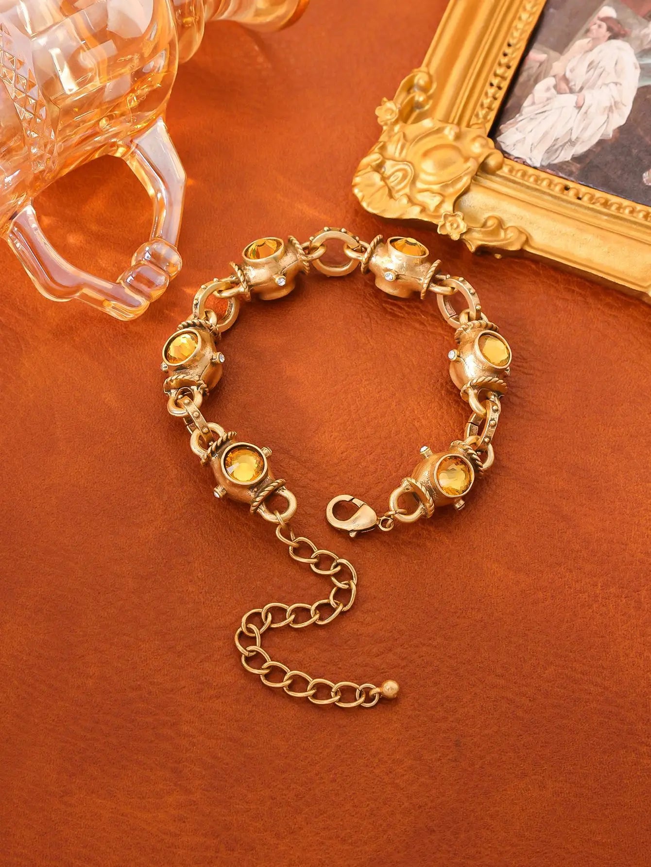 Medieval Vintage Turquoise Bracelet Retro Court Style Heavy Industry Jewelry Colored Geometric Glazed French Bracelet