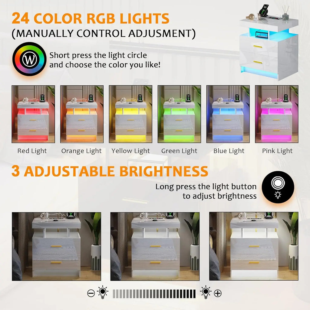 RGB LED Nightstand Set of 2 with Charging, Modern White Bedside Table with 2 Drawers