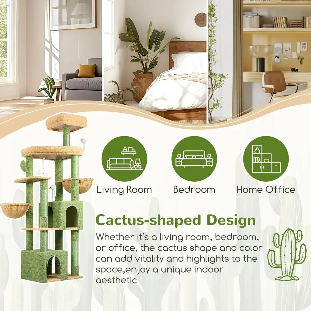 Sturdy 68 Cat Tower for Large Indoor Cats, Heavy-Duty with Extra Large Platform and 5 Scratching Posts, Green S68