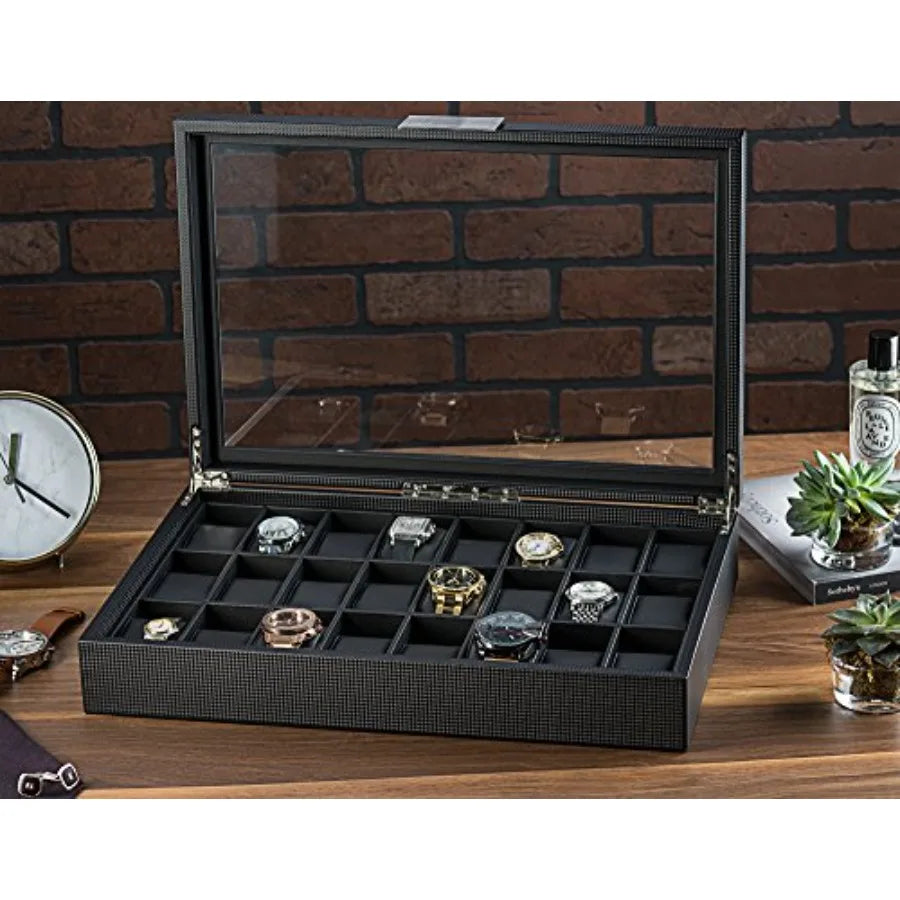 Watch Box for Men - 24 Slot Flat Luxury Display Case Organizer Carbon Fiber Design for Mens Jewelry Watches Men's Storage Ho