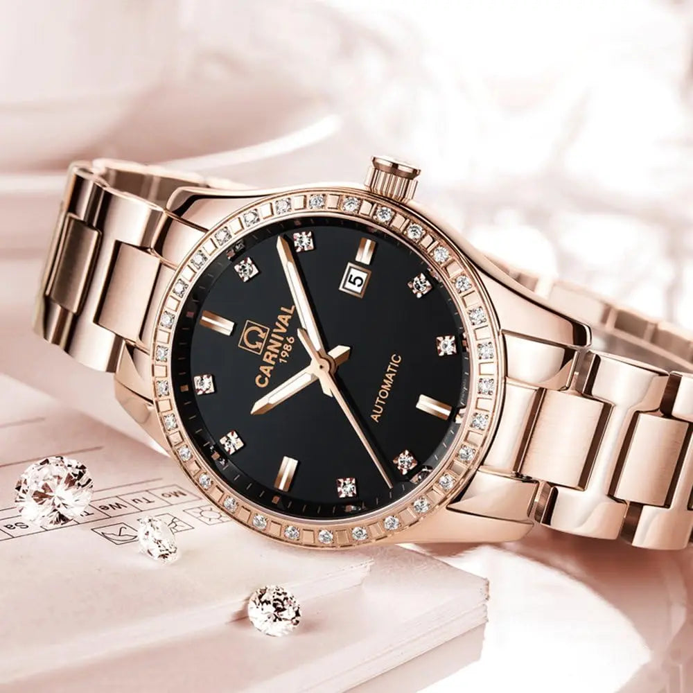 Elegant Blue Sapphire Waterproof Automatic Mechanical Watch for Women, Rose Gold Stainless Steel