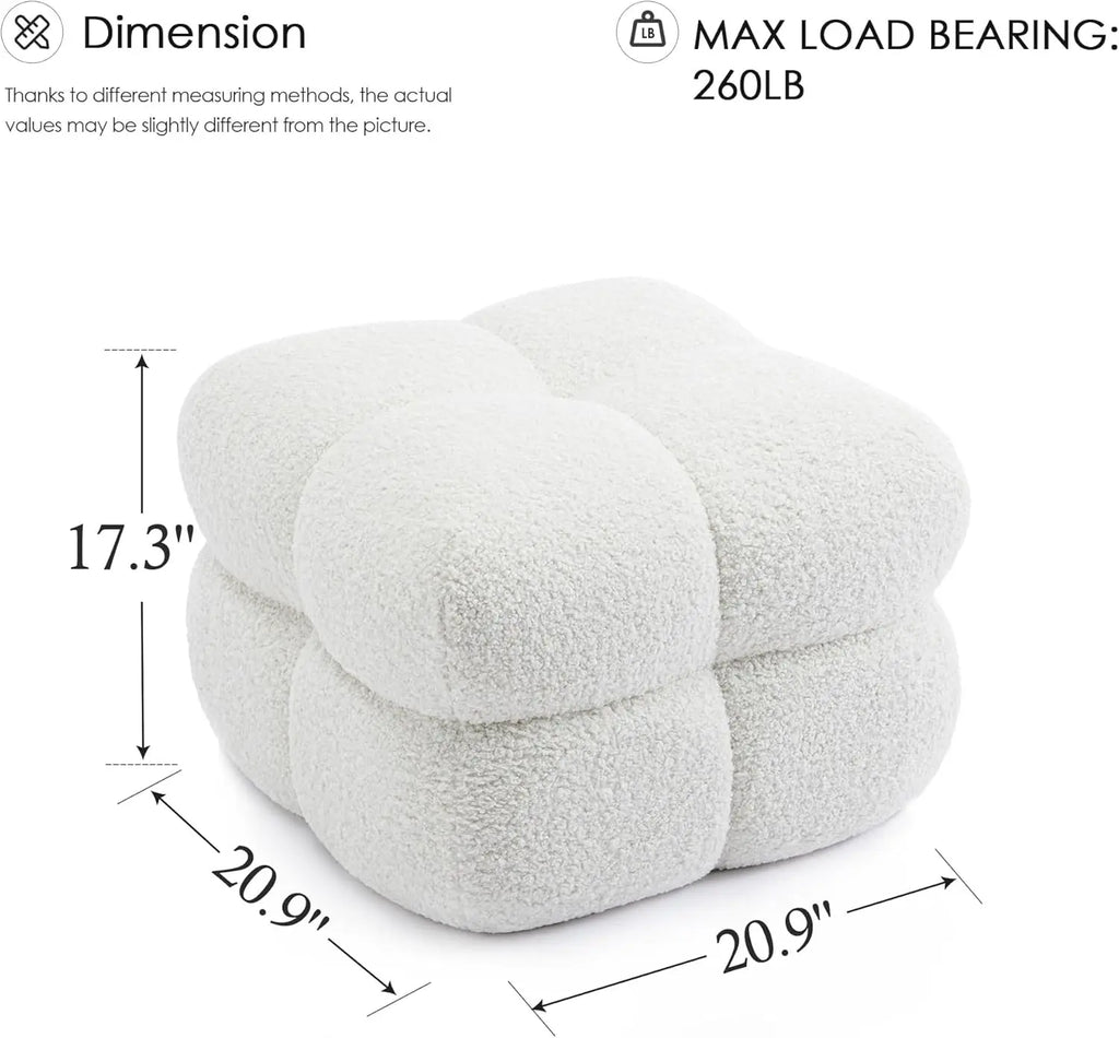 Modern Square Pouf Ottoman, White Upholstered Tufted Cube Stool for Living Room, Fuzzy Sherpa Foot Rest