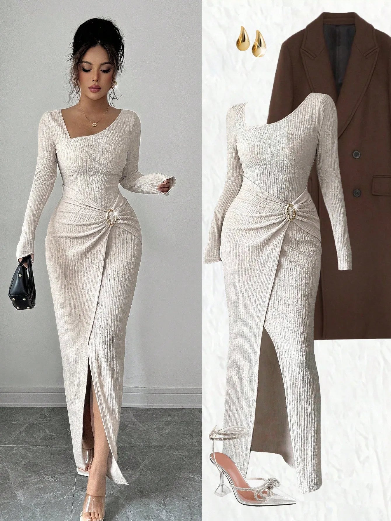 Women's Solid Color Fashion Solid Color Twisted Long Dress ,Asymmetrical -Neck Knitted Texture Tight Bodycon,