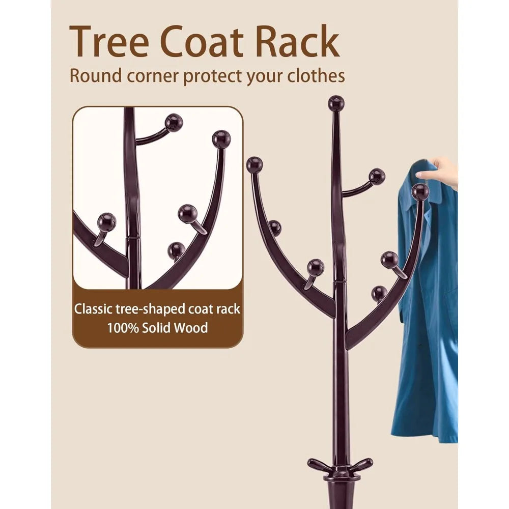 Solid Wood Standing Coat Rack with 11 Hooks, Tree Branch Style Design
