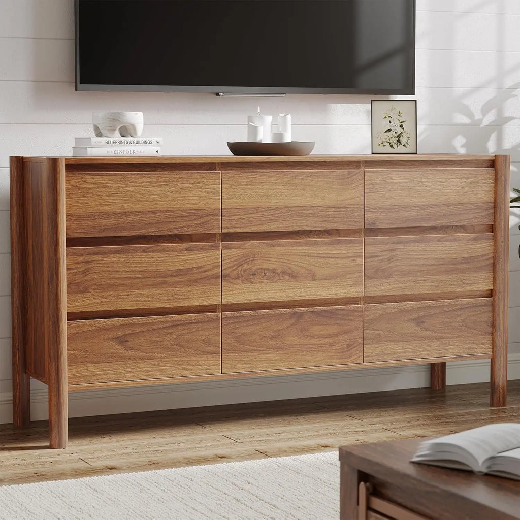 Dresser for Bedroom, 63" Wide Mid Century Modern Chest of Drawers with 9 Large Storage Space and 4 Solid Wood, Customized