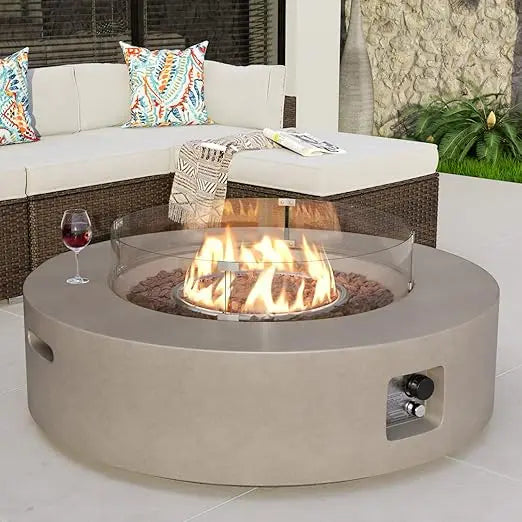 COSIEST Outdoor Propane Fire Pit Coffee Table w Gray 42 inch Round Base Patio Heater, Certified, 50,000 BTU Stainless Steel Burn