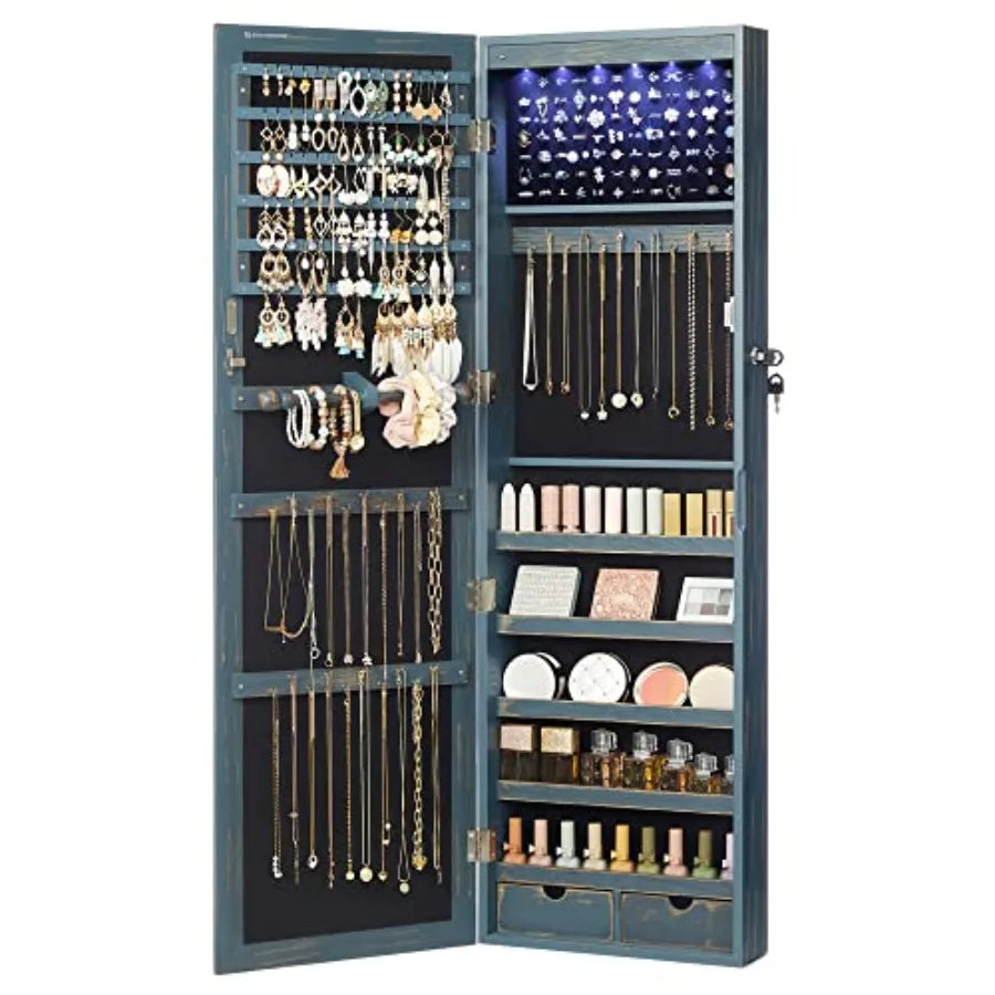 6 LEDs Jewelry Cabinet christmas gifts for women Lockable 47.3" H Wall/Door Mounted Jewelry Armoire Organizer with Mirror 2 Dra