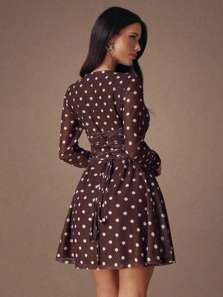 Women's Slim Fit Long Sleeve Mini Dress with Flared Hem, Coffee Color, Elegant for Office or Date Night