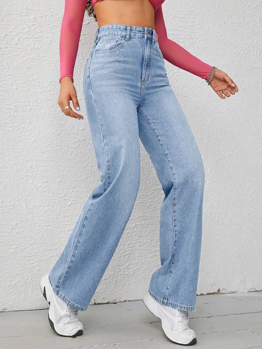 High Waist Wide Leg Jeans for Women, Light Washed Retro Denim Pants, Casual Streetwear Style