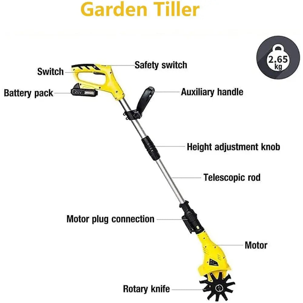 20V Electric Garden Cultivator, 4-Inch Wide Cordless Tiller, Battery-Powered Gardening Tool