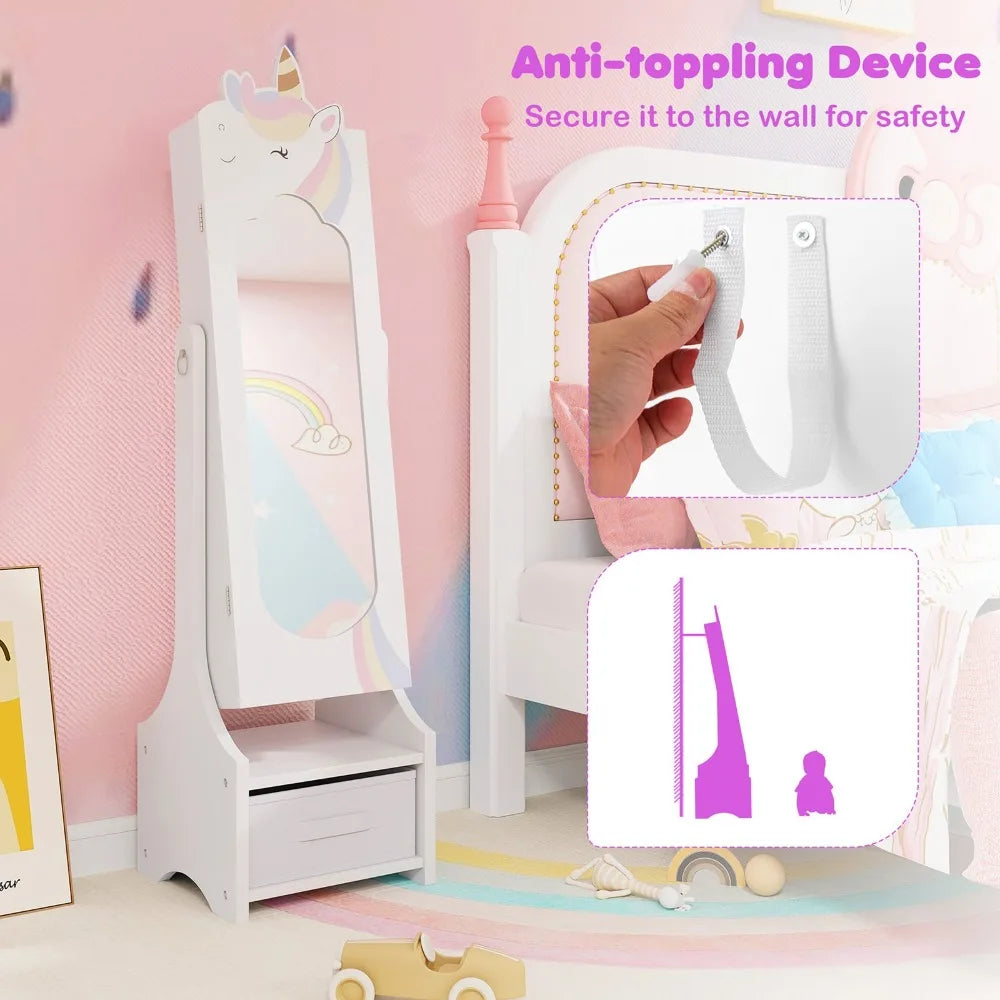 Kids Jewelry Cabinet w/ Full-Length Mirror 2 Adjustable Tilt Angles Drawer White