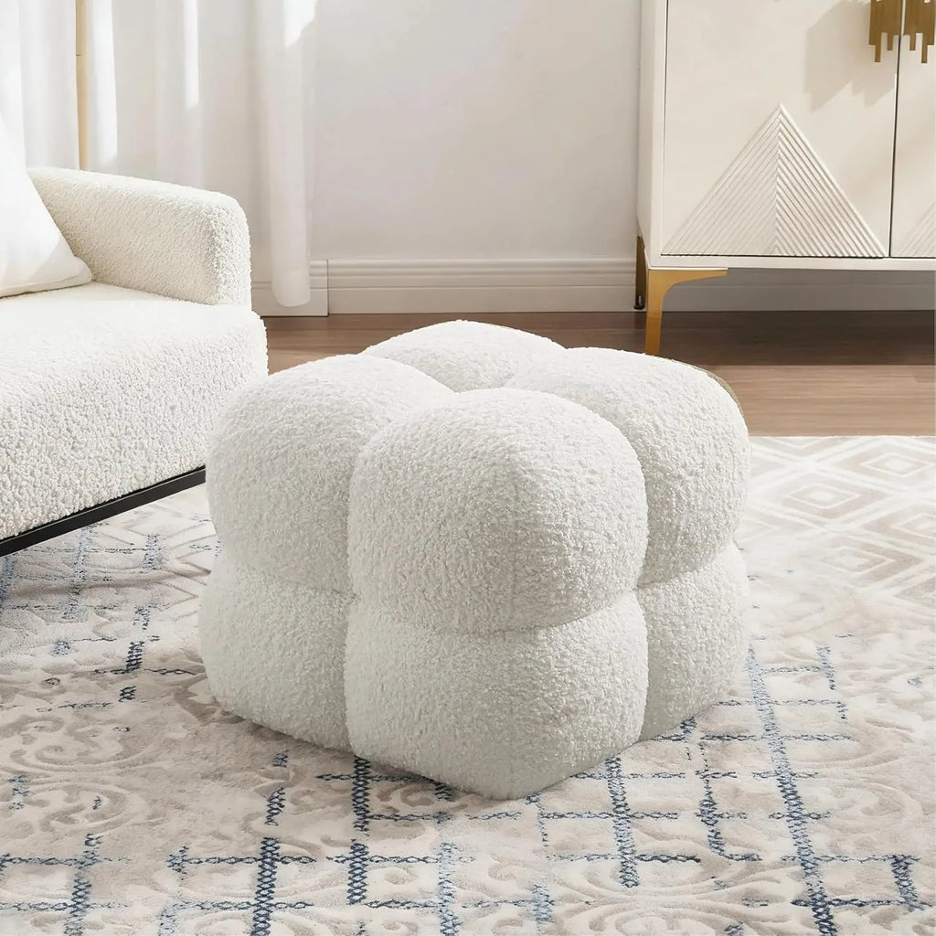 Modern Square Pouf Ottoman, White Upholstered Tufted Cube Stool for Living Room, Fuzzy Sherpa Foot Rest
