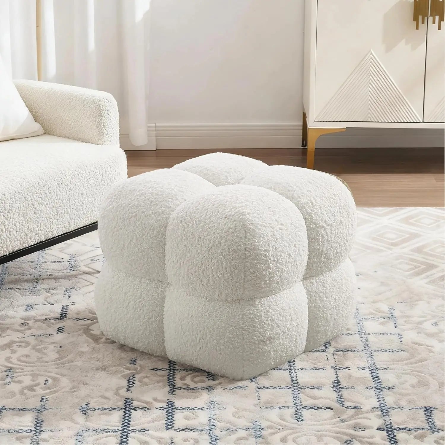 Modern Square Pouf Ottoman, White Upholstered Tufted Cube Stool for Living Room, Fuzzy Sherpa Foot Rest