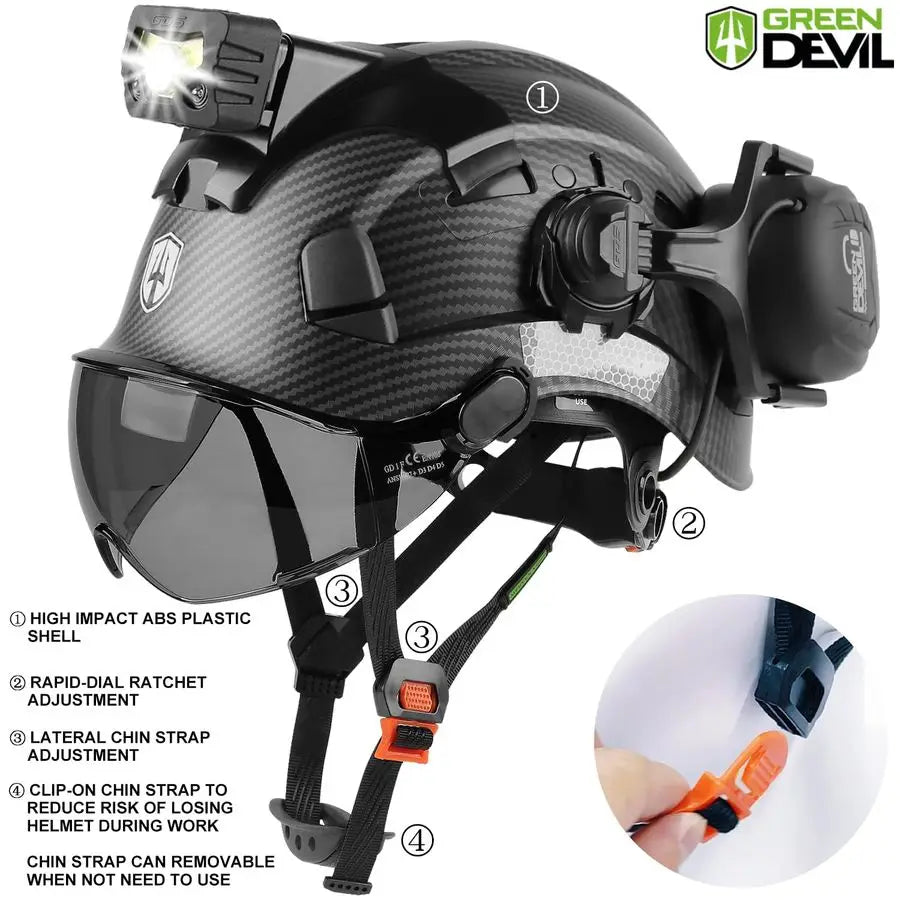 Hard Hat Safety Helmet with Visor Bluetooth Ear Muffs and Headlamp 5 in 1 Full Protection Vented Work Hardhat ANSI Z89.1 Cascos