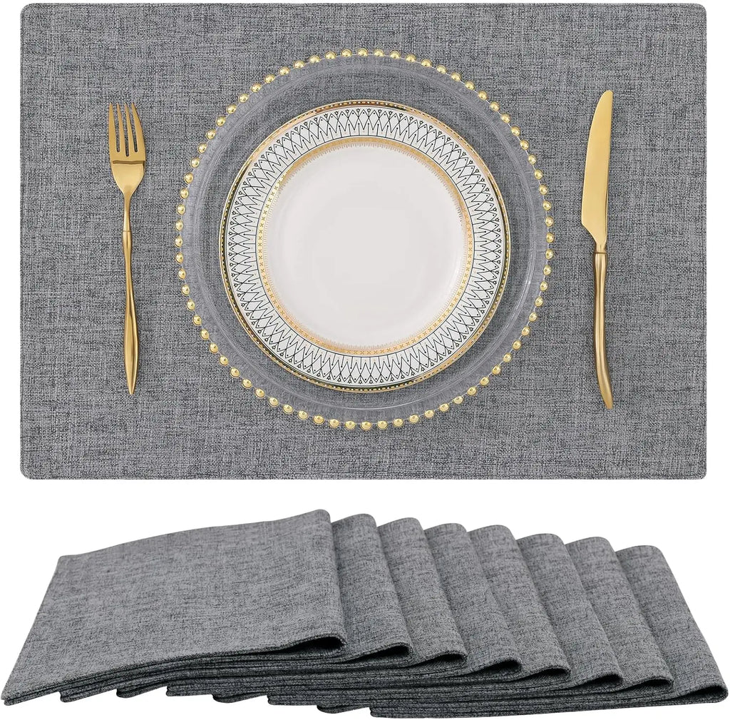 Cotton Linen Placemats Set of 8, Washable Farmhouse Table Mats for Indoor Outdoor Use, Dark Grey 13x19 Inch