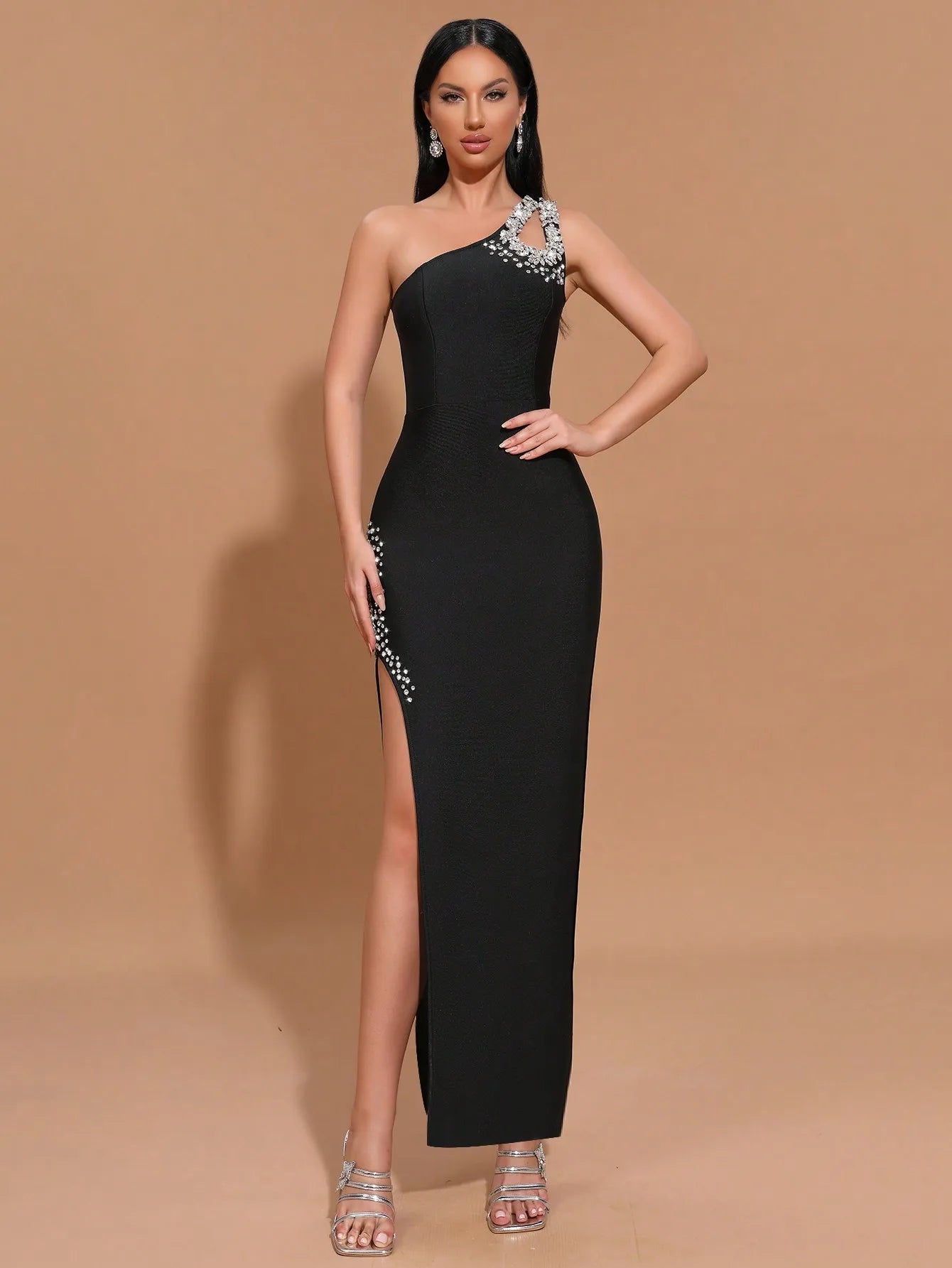 Black One-Shoulder Rhinestone Bodycon Maxi Dress with High Slit for Formal Evening Prom Wedding