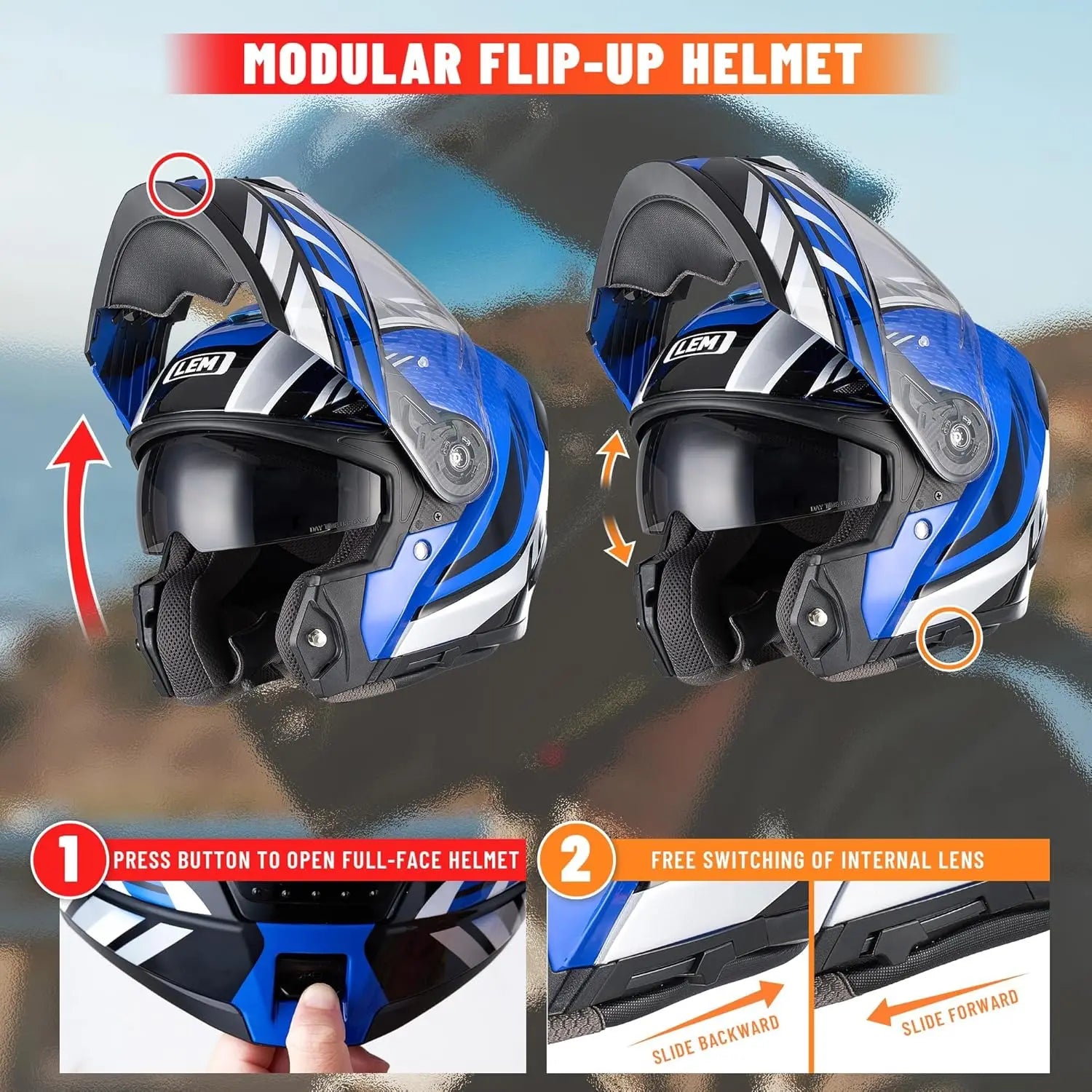 Modular Motorcycle Helmets Fiberglass Full Face Motorcycle Helmet Flip Up for Touring DOT Certified Release Sun Visor Removable
