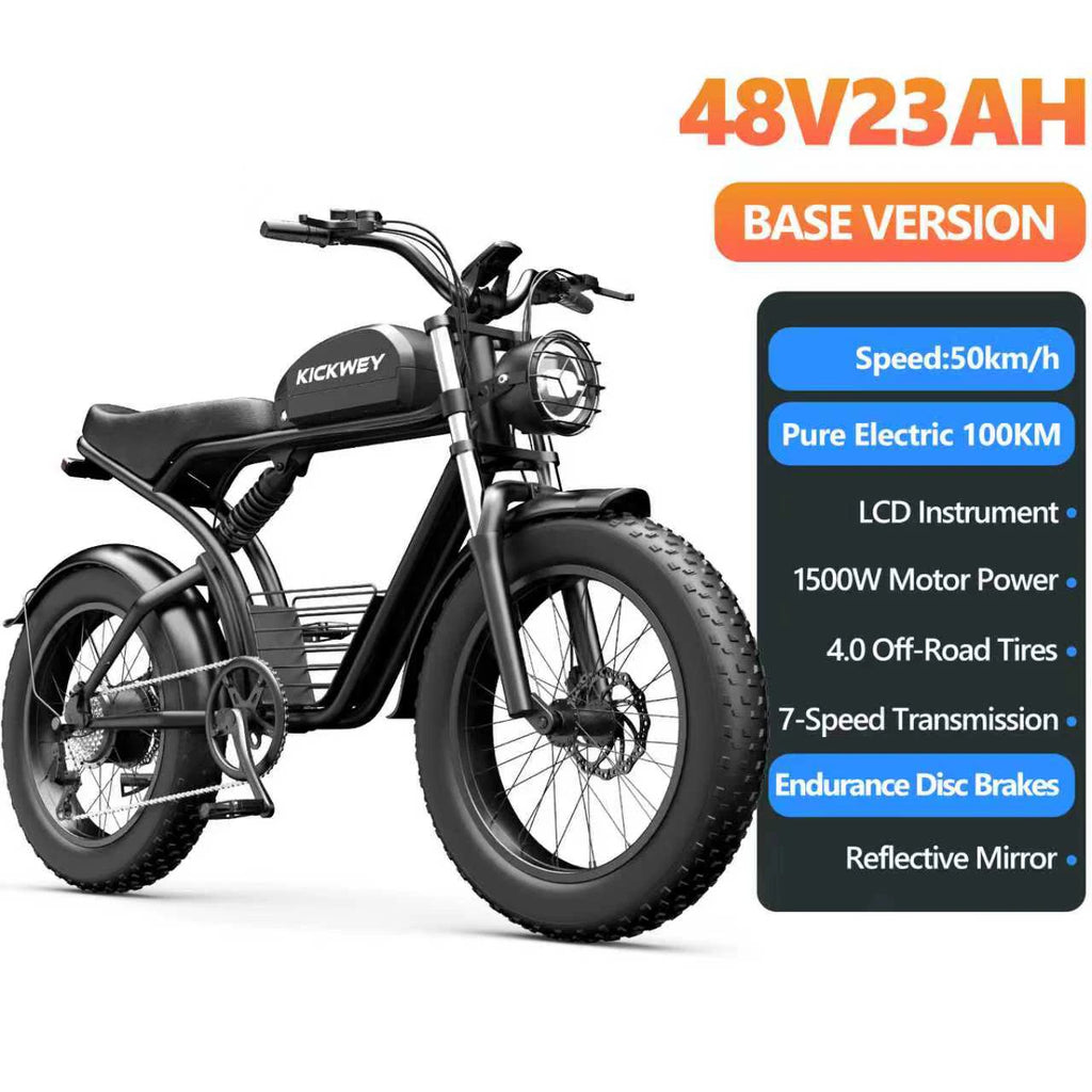 Kickwey K7 Adult Electric Bicycle 1500w 48V23ah Ebike 46km/h Mountain Electric Bike 20" Fat Tire Dirtbike Motorcycle E Bike