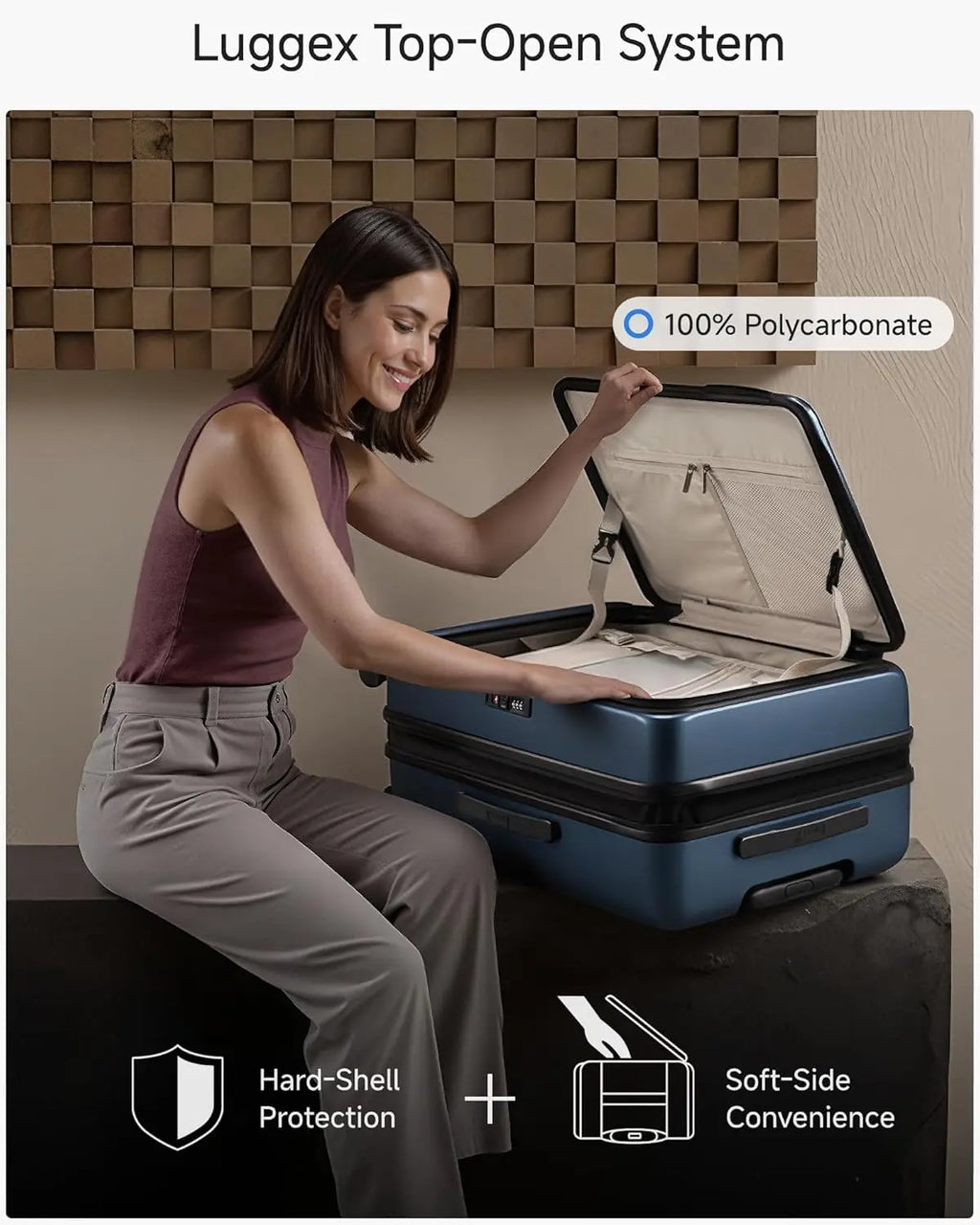 Checked Luggage with Spinner Wheels, FLO5 Expandable Polycarbonate Hard Shell SuitcaseLock (FX-Core, Blue, 24 Inch)