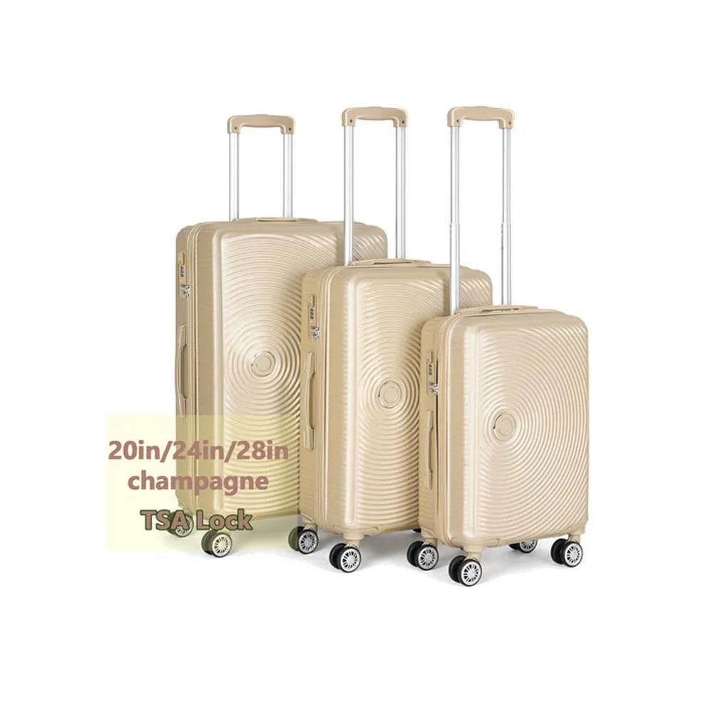 Champagne color ABS material trolley box set of 3 pieces,ergonomically designed retractable handle ,smooth zipper luggage