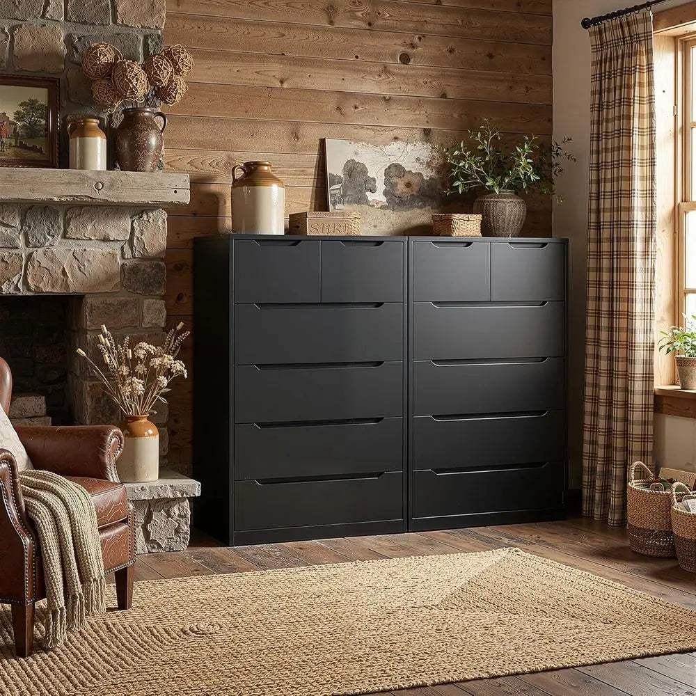 Contemporary Black Wooden 6-Drawer Dresser for Bedroom, Living Room, and Hallway, 43.2H x 27.6W x 15.6D