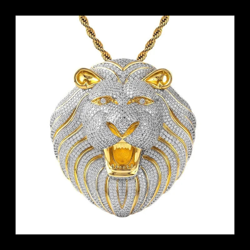 Purely Handmade Custom Hip-hop Pop Pendant, Copper Inlaid Zircon Personalized Trend Big Lion Head Necklace