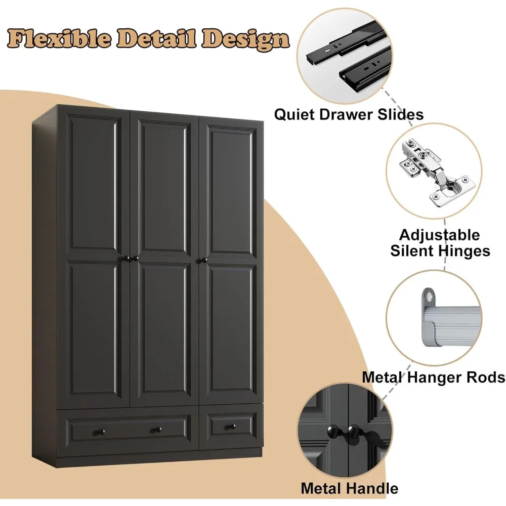 Wardrobe Closet with Drawers: 74" Black Tall Wooden Wardrobe Closet for Hanging Clothes, Large Bedroom Armoires with 2 Drawers