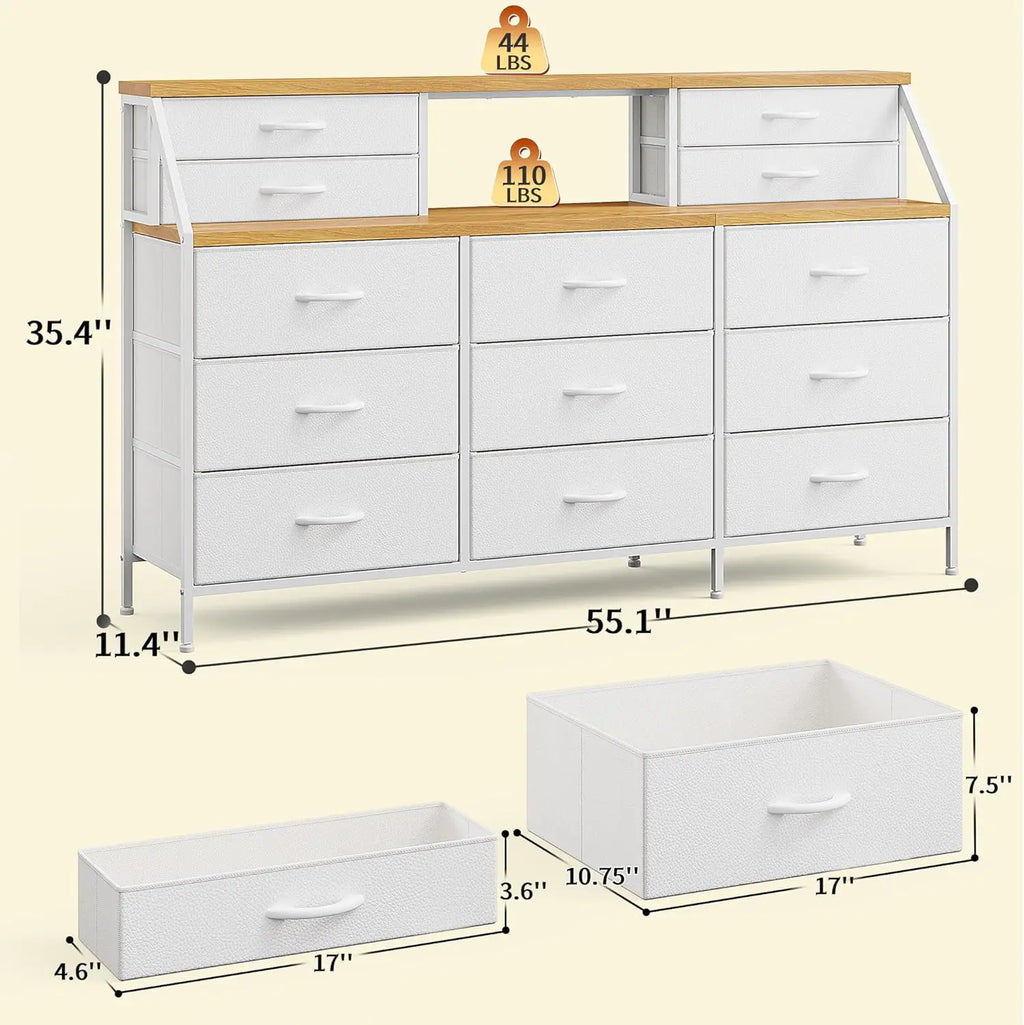 55" W White Dresser for Bedroom, Dressers & Chests of Drawers with 13 Fabric Drawers and 2 Open Shelves, White Dresser