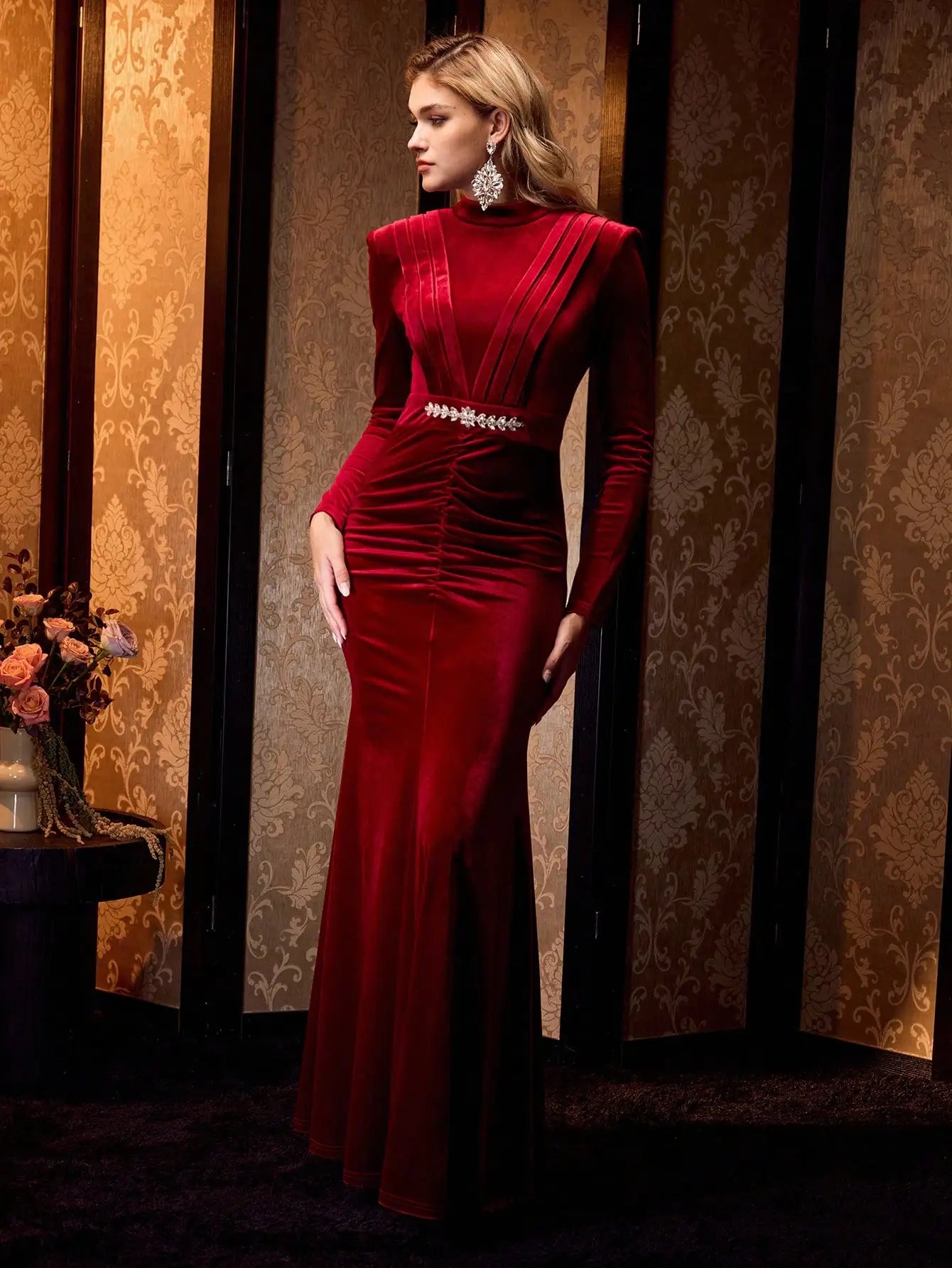 Elegant Velvet Long Sleeve Ruched Waist Fish Tail Formal Dress for Evening Events