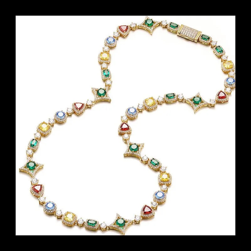 Colored Gemstone Tennis Chain, Hot-selling Diamond-encrusted Hip-hop Necklace, Niche Bracelet.