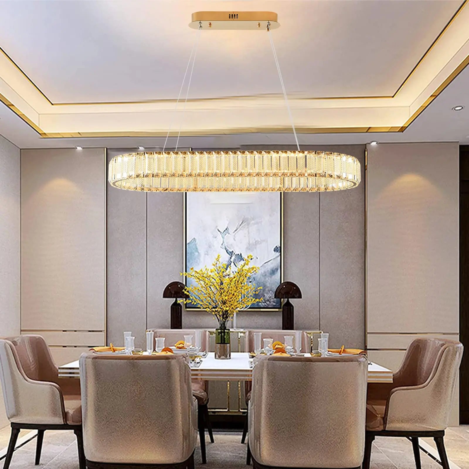 Oval gold pendant lamp, modern crystal pendant lamp, restaurant lighting fixture, pendant lamp, ceiling, living room