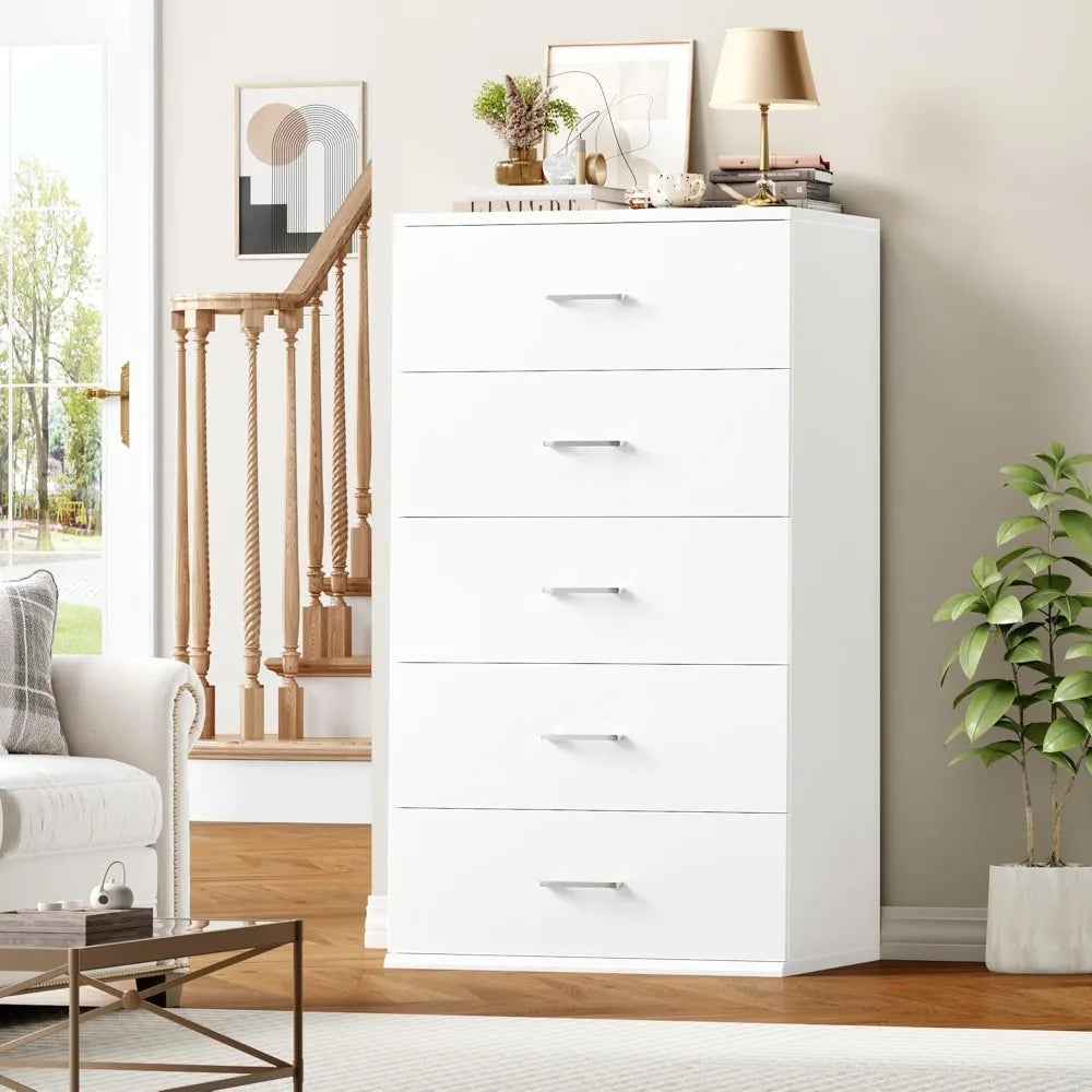 Modern Tall White Dresser with 5 Drawers, Metal Handles, Suitable for Living Room