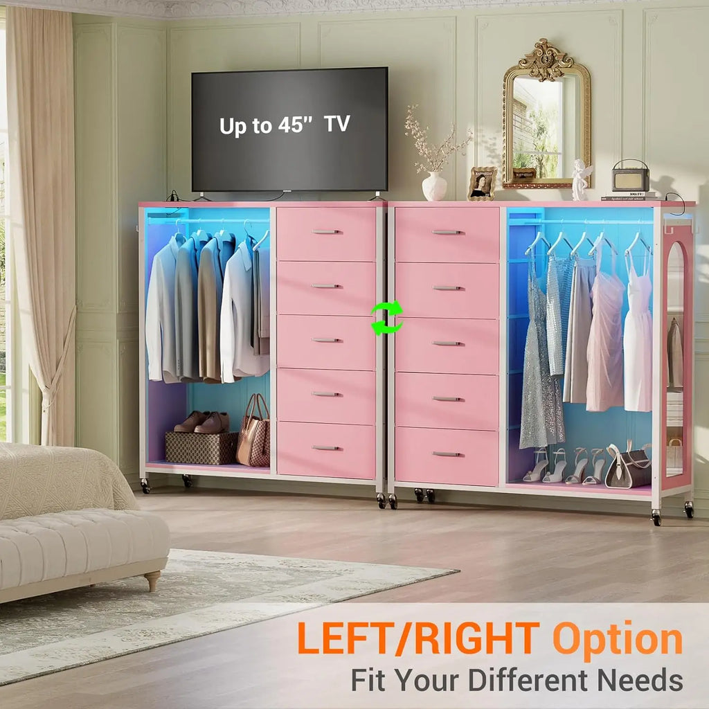 5-Drawer Dresser with Clothes Rack, Full-Length Mirror, Charging Station & LED Lights - Rolling Design with Wheels