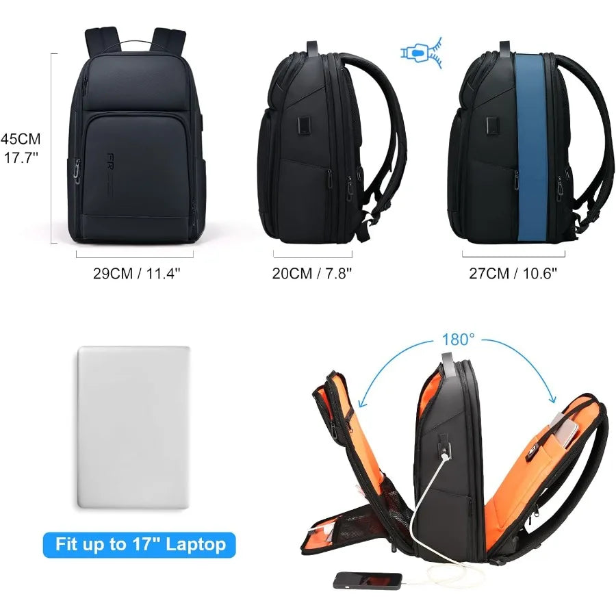 FENRUIEN 17 Inch Travel Backpack for Men Expandable Water Resistant Computer Backpack with USB Port Black Laptop Bag for Busine