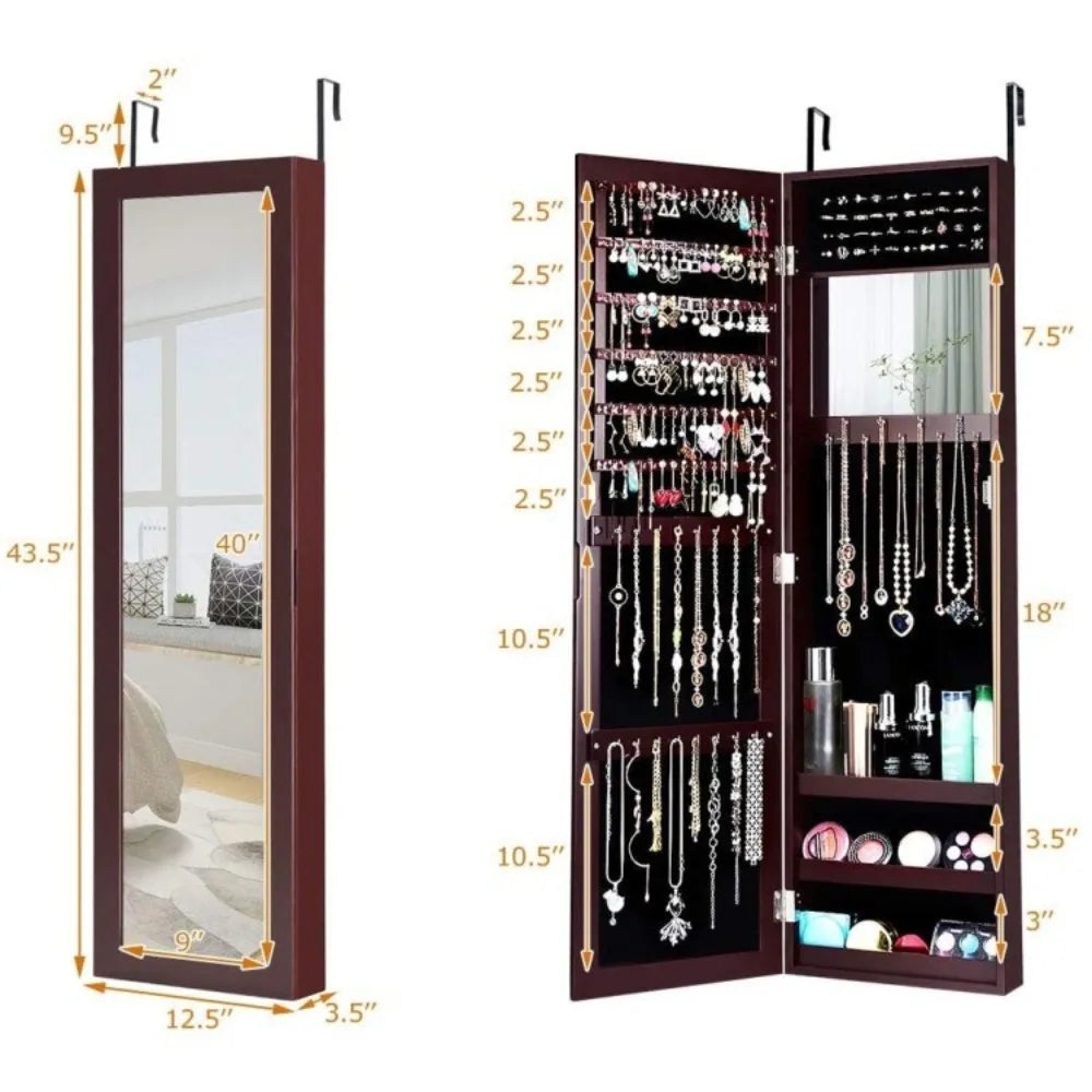 Mirrored Jewelry Cabinet Armoire Storage Organizer Wall Door Mounted Dark Brown