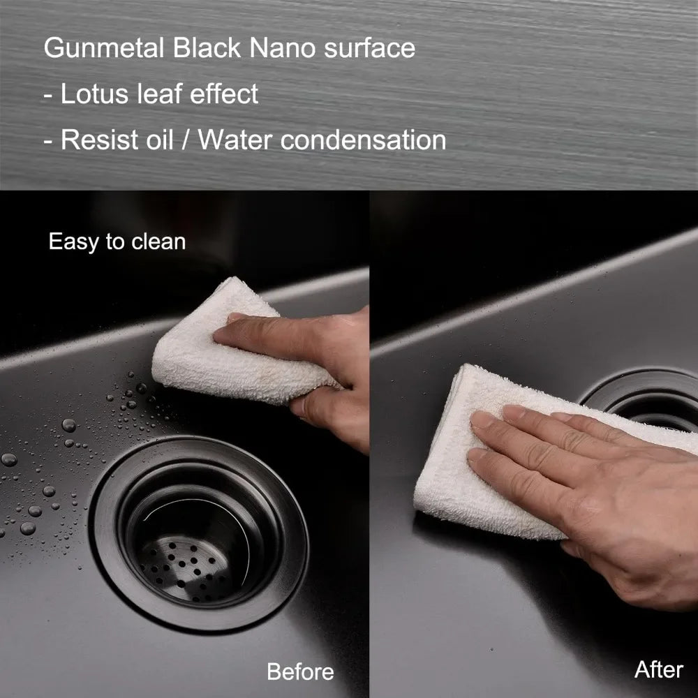28 Inch Black Undermount Kitchen Sink, 9 Inch Deep Stainless Steel Single Bowl Kitchen Sink, Gauge  Nano Undermount Sinks