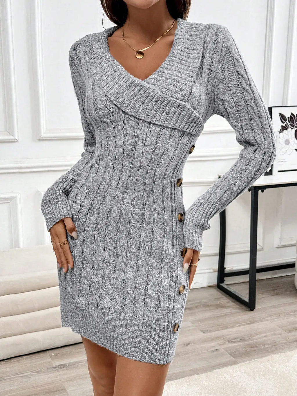 Knitted Long Sleeve Sweater Dress With Collar Design, Comfortable Fall Winter Cloth For Women