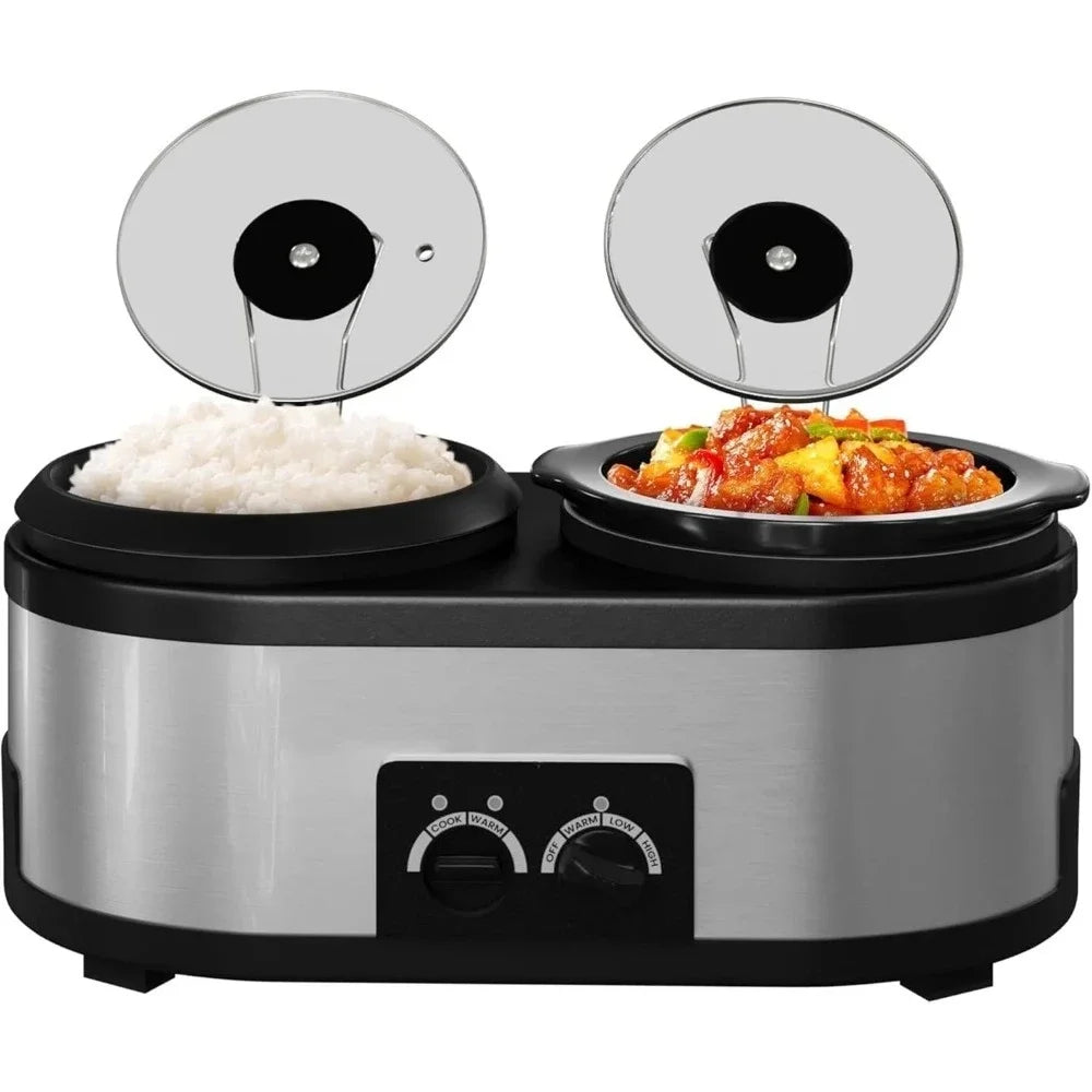 2 in 1 Slow Cooker and Rice Cooker, Multi Slow Cooker with 1.5 QT Ceramic Pot & 3 Cup Rice Cooker,Aluminum Pot &Indicator Lights