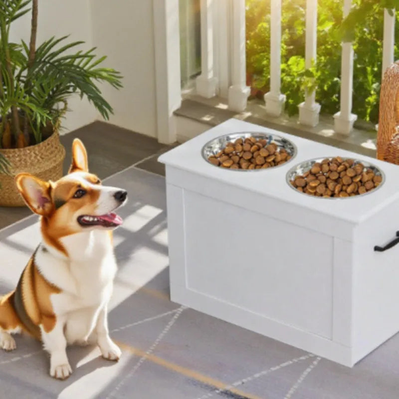 Elevated Dog Bowl With Storage Space White High Feeder - Raised Dog Bowl Stand Large Feeding Station With 2 Pet Bowls