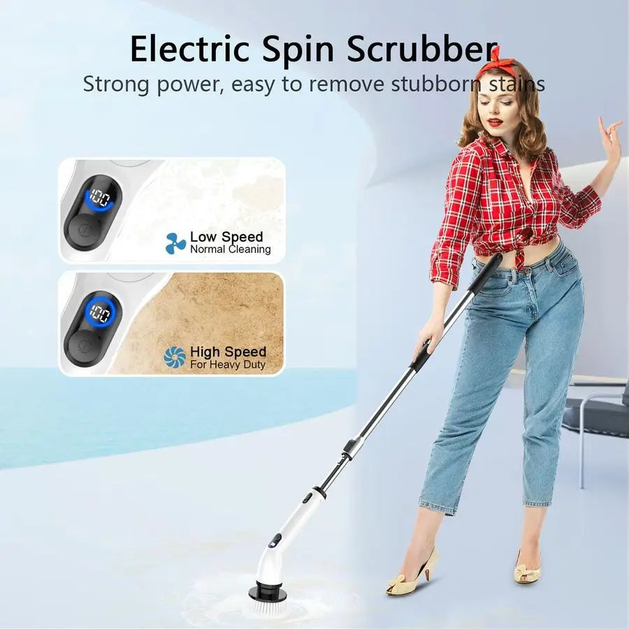 Electric Spin Scrubber, FullBody IPX7 Waterproof Bathroom Scrubber with Power LCD Display, Adjustable Extension Handle, Cordless