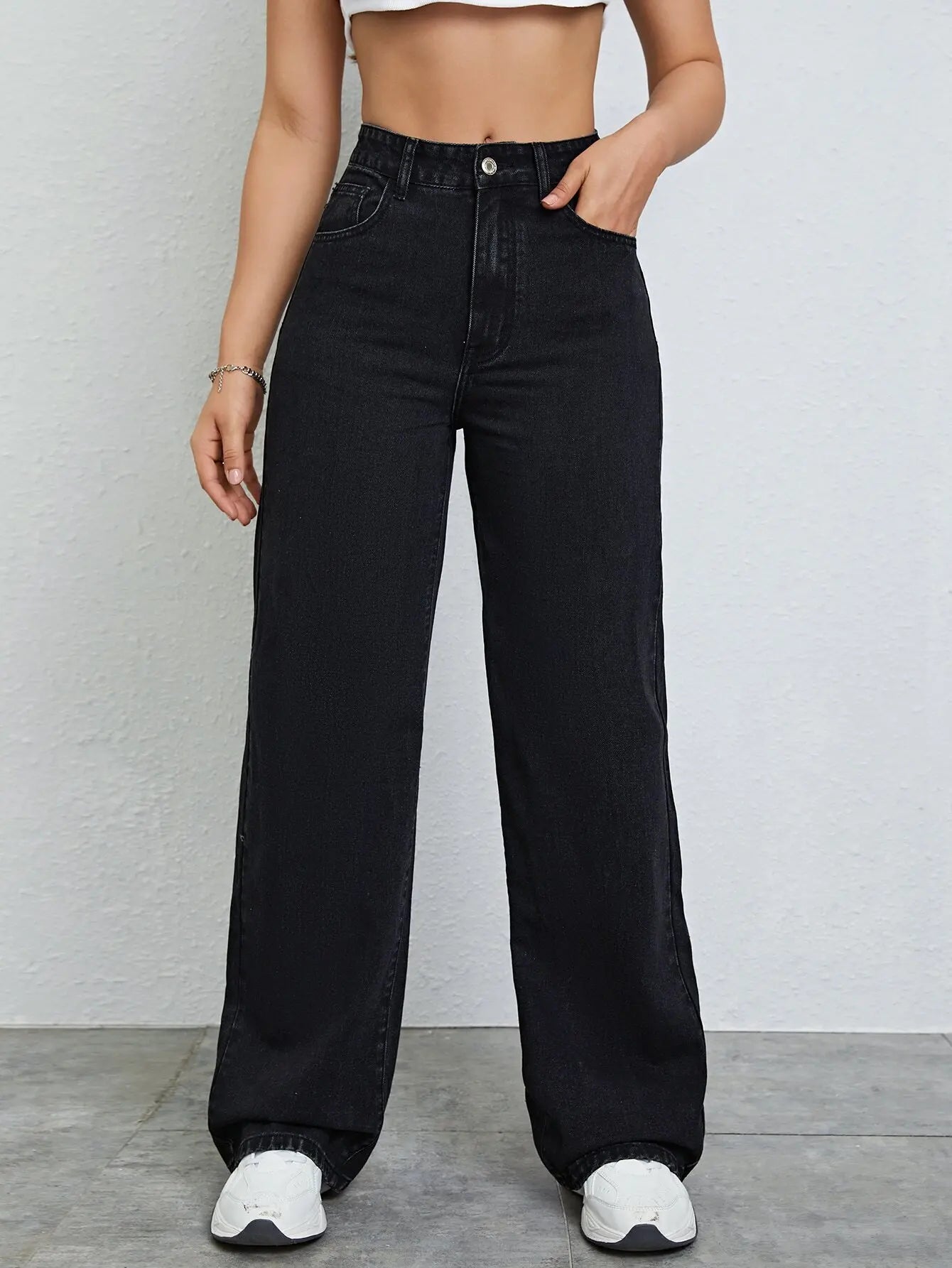 High Waist Wide Leg Black Denim Jeans for Women, Casual Streetwear Style