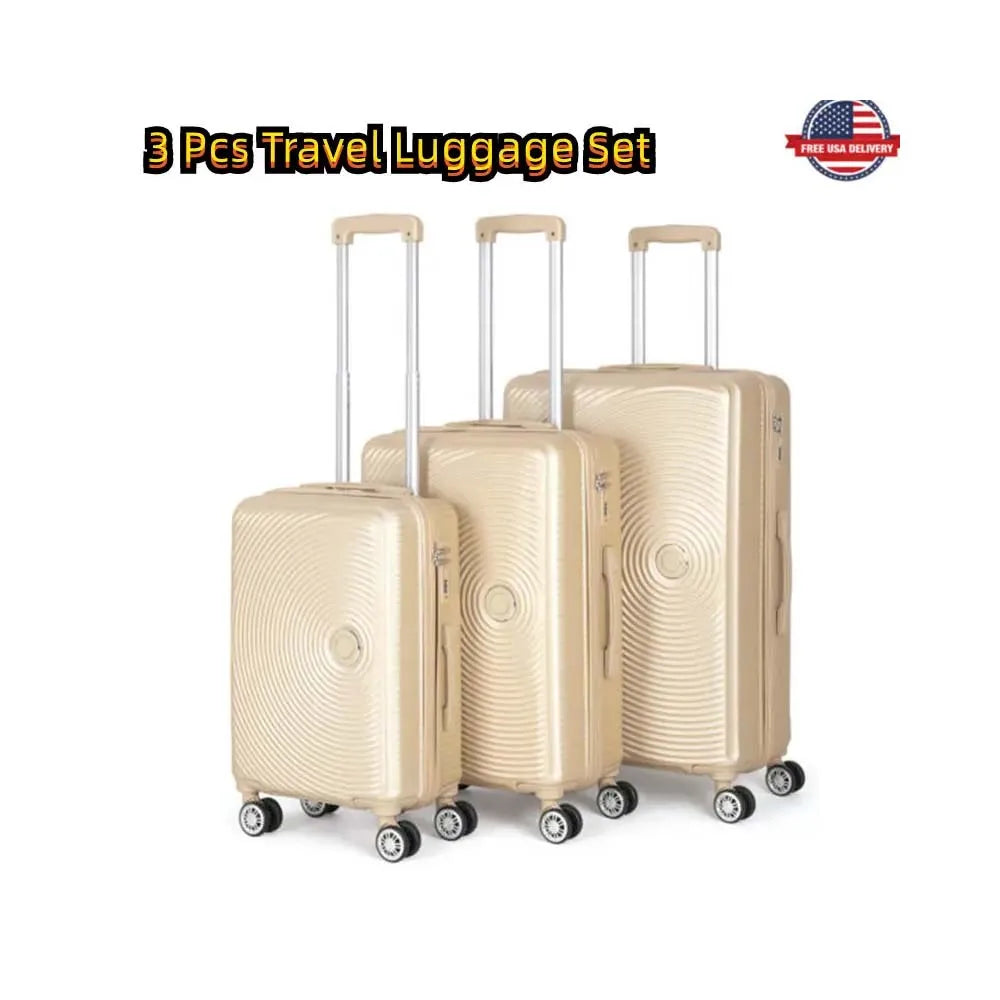 Champagne color ABS material trolley box set of 3 pieces,ergonomically designed retractable handle ,smooth zipper luggage