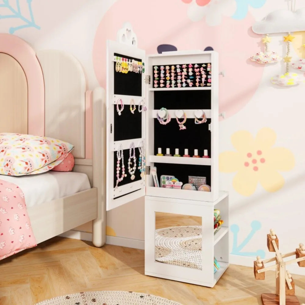 3-in-1 Kids Freestanding Jewelry Organizer Cabinet Armoire w/Full Length Mirror