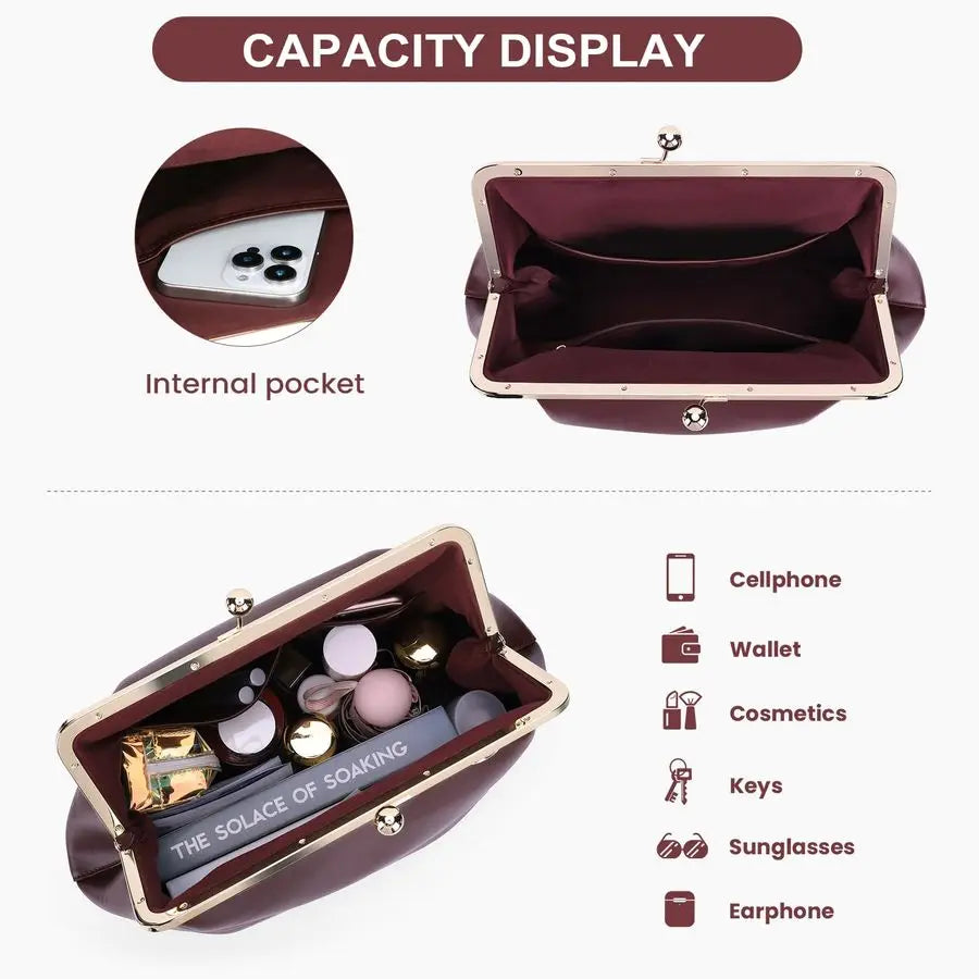 Womens Kiss Lock Bag PU Medium Top Handle Handbags Kiss Clasp Shoulder Bags Tote Purse Messenger Clutch