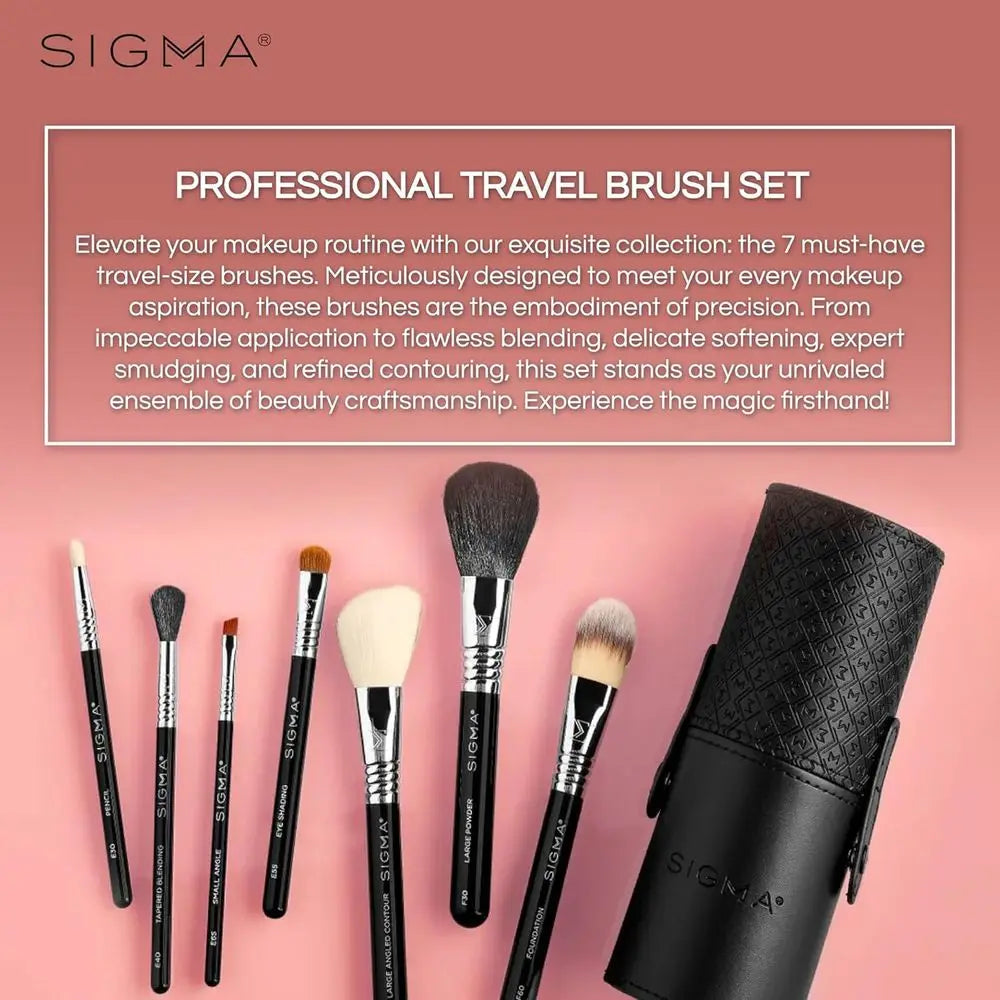 7-Piece Travel Makeup Brushes Set for Foundation, Blending, Contour, Eye & Brow Makeup with Compact Carrying Case